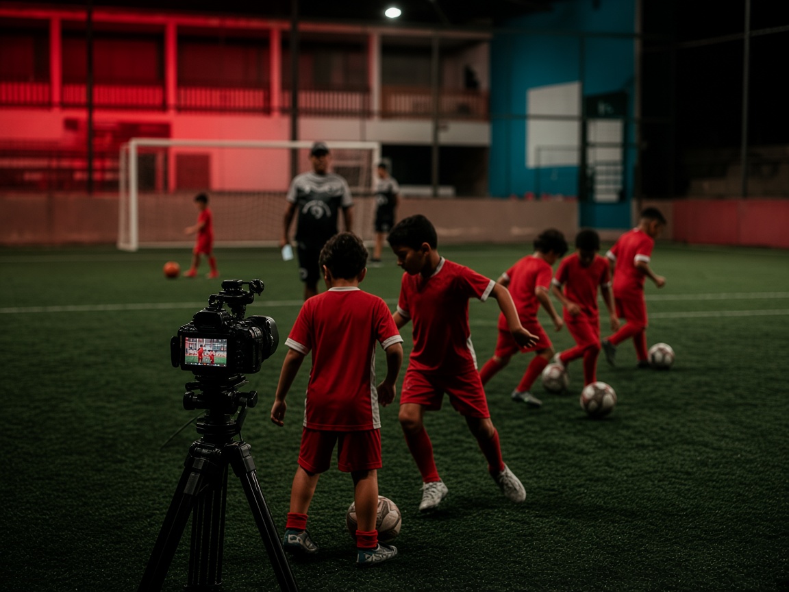 Câmera filmando o treino noturno no gramado