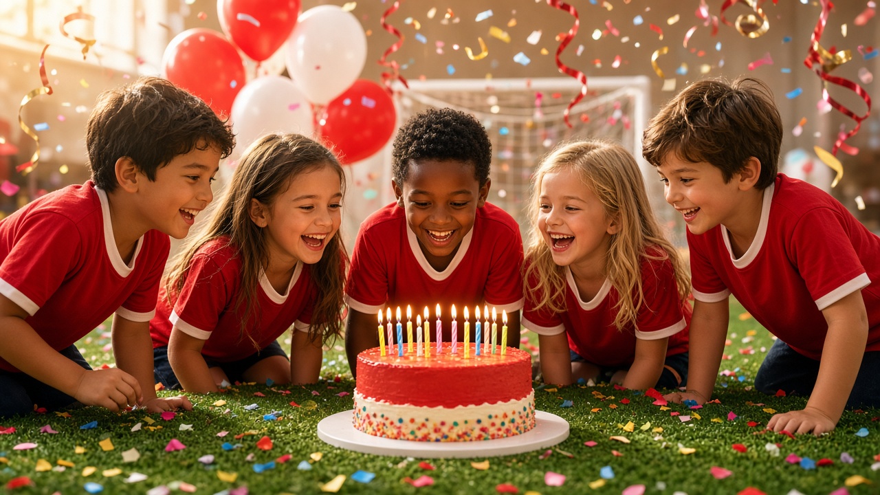 Crianças de uniforme vermelho comemorando um aniversário no gramado, com bolo e balões