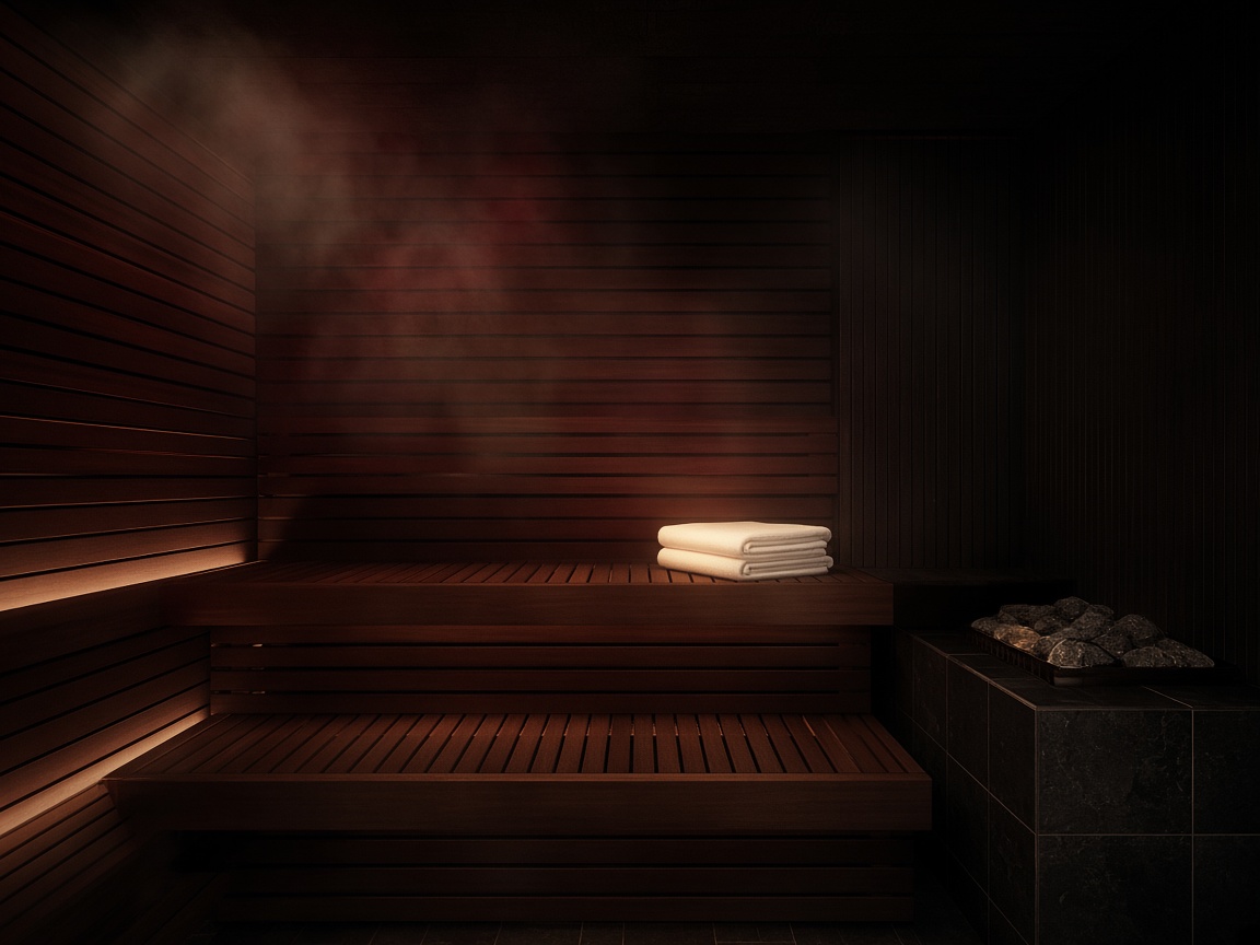 Sauna privativa de madeira, com toalha e vapor