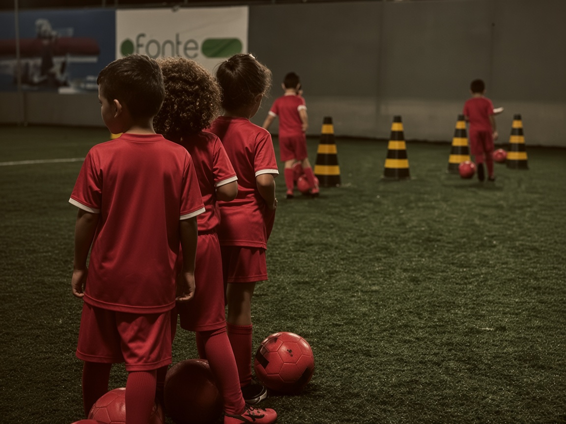 Crianças pequenas de costas no treino noturno, com cones e bolas