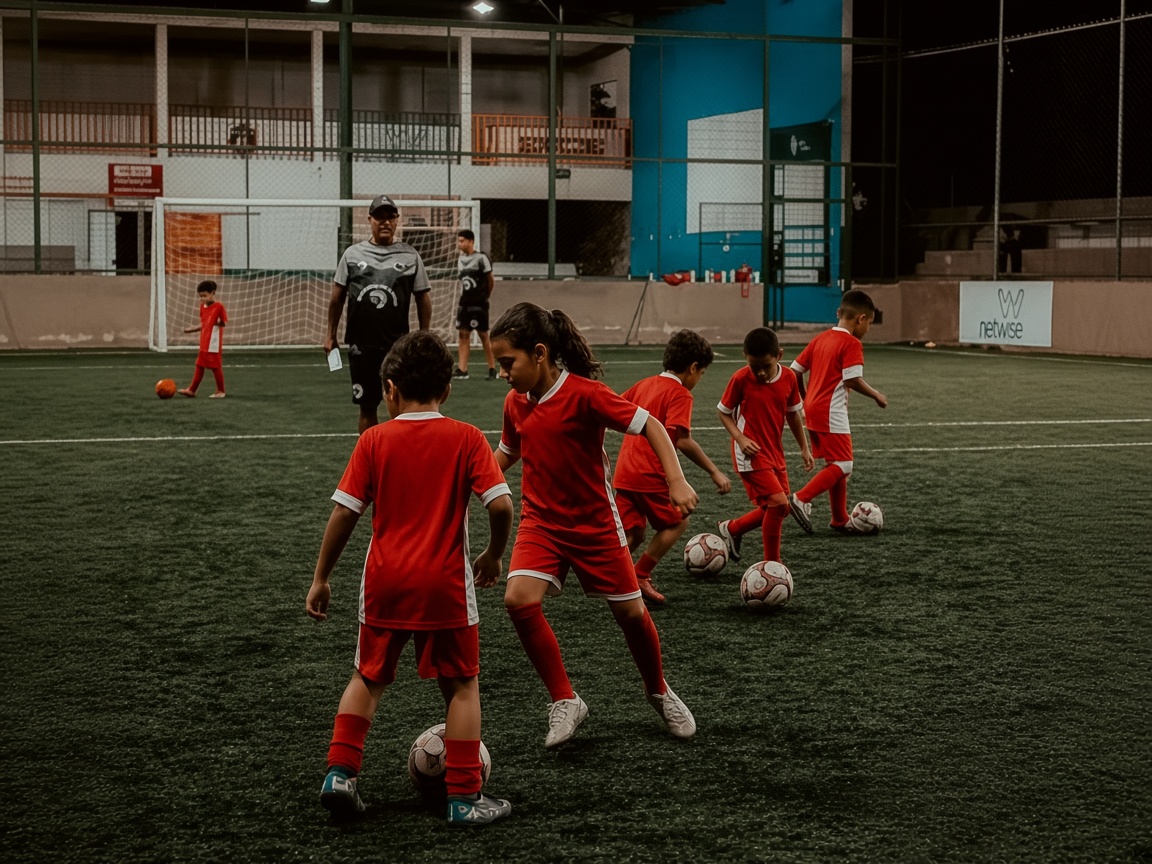 Menina conduzindo a bola no treino noturno, junto dos colegas