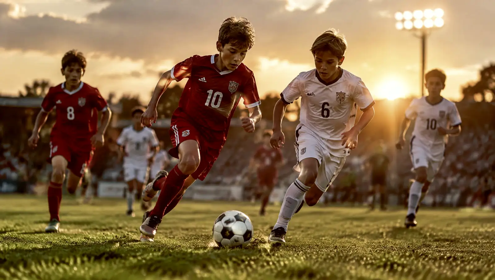Crianças jogando futebol com uniformes vermelho e branco