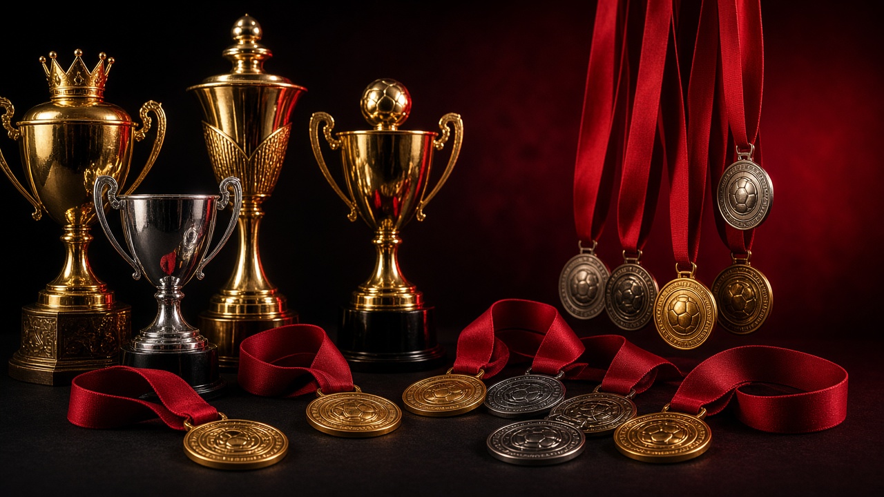 Troféus e medalhas de futebol sobre fundo vermelho e preto